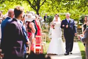 Bride and Father at Outdoor Wedding Ceremony at Bury Court Barn