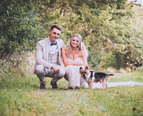 Bride, Groom and Dog at Tithe Barn