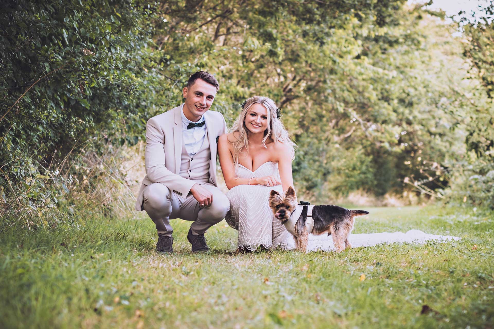 Bride, Groom and Dog at Tithe Barn